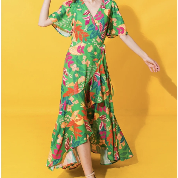 Flying Tomato high low wrap dress. Size L, green tropical - Picture 4 of 6